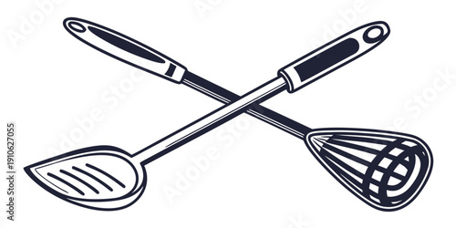 Two cooking utensils crossed over each other in a black and white illustration