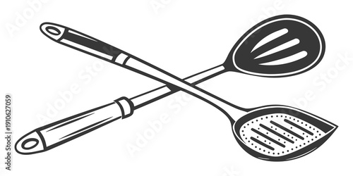 Two kitchen utensils crossed over each other on a white background