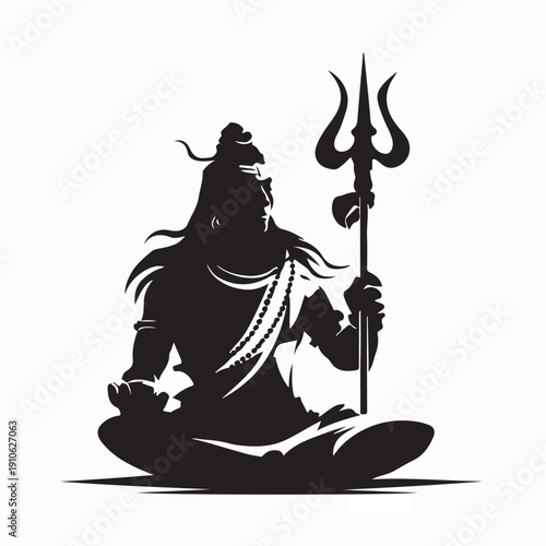 Shiva Sitting in Meditation with Trident Silhouette Vector Illustration