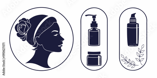Three different hair care products arranged in a row with a woman's profile illustration