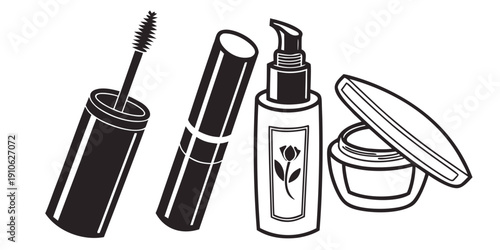 A variety of makeup products including mascara, lipstick, and cream