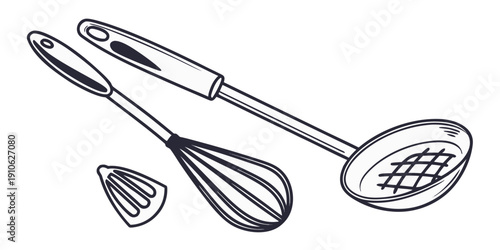 A variety of kitchen utensils including a whisk, slotted spoon, and grater