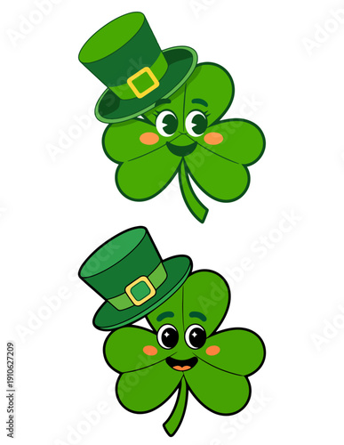 cheerful shamrocks with green top hats and faces celebrating st. patrick's day.