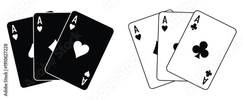 Playing Card Vector Icons, black outline icons illustrating gambling and card games, featuring four card suits, gaming symbols, casino concepts, poker, blackjack, and professional vector illustrations