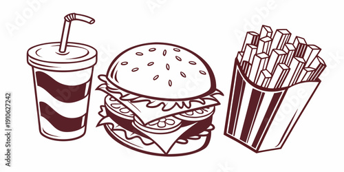 Delicious fast food meal with burger, fries, and a drink