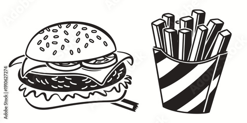 A delicious cheeseburger with lettuce, tomato, and fries in a striped container