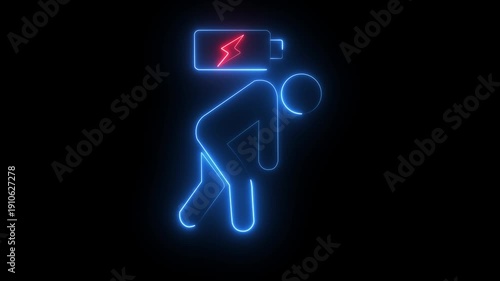 Neon pink glowing outline of a tired person with a low battery symbol above their head against a black background representing exhaustion and depletion of.