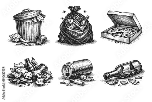 Vintage garbage and waste engraving set, antique trash bags and litter sketches in woodcut styleVintage garbage and waste engraving set, antique trash bags, packs and litter sketches in woodcut style