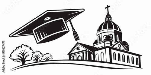 Graduation cap flying over a historic university building surrounded by trees.