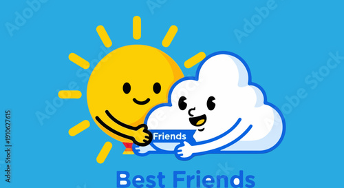 Vector cartoon sun and cloud characters hugging, holding a 'Friends' sign, with 'Best Friends' text on blue background