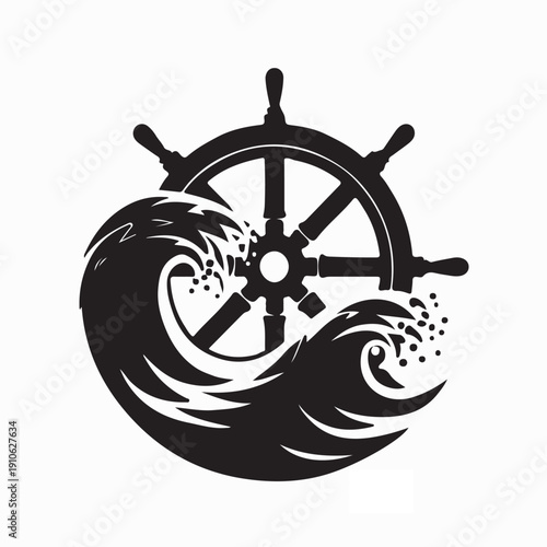 Ship Rudder Wheel Ocean Waves Logo Vector On White Background