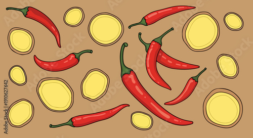 Red chili peppers and yellow potato chips vector illustration on brown background, spicy snack food pattern, flat design