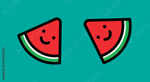 Cute watermelon slice vector illustration with smiling faces on teal background. Kawaii fruit icon for summer design, kids, food, healthy eating.