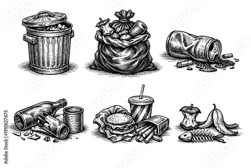 Vintage garbage and waste engraving set, antique trash bags and litter sketches in woodcut styleVintage garbage and waste engraving set, antique trash bags, packs and litter sketches in woodcut style