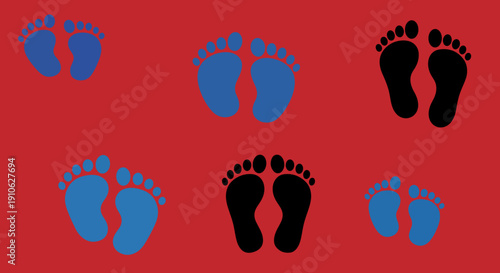 Vector foot prints set: adult and baby footprints in blue and black on red background. Human feet icon collection for health, travel, or family concepts.