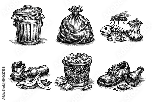 Vintage garbage and waste engraving set, antique trash bags and litter sketches in woodcut styleVintage garbage and waste engraving set, antique trash bags, packs and litter sketches in woodcut style