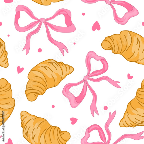 Kawaii seamless pattern with hand drawn pink bows and croissants. Cute Valentine or girlie background. Vector illustration