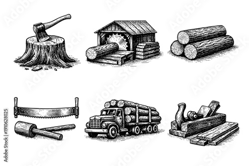 Vintage lumberjack and woodworking engraving set, retro carpentry tools and sawmill sketches in woodcut style