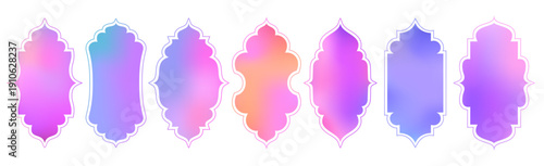 Colorful watercolor gradient mesh Islamic Arabic frame set. Moroccan arch background collection. Eastern style ornate figured borders. Oriental design EPS 10 vector illustration.