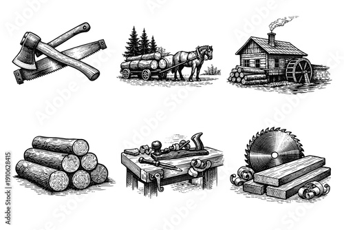 Vintage lumberjack and woodworking engraving set, retro carpentry tools and sawmill sketches in woodcut style