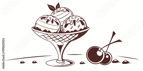 Delicious dessert with cherries and a scoop of ice cream on top