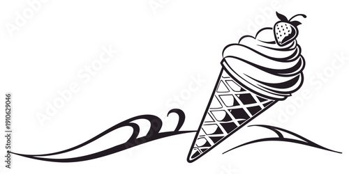 Delicious ice cream cone with a cherry on top, illustrated in black and white