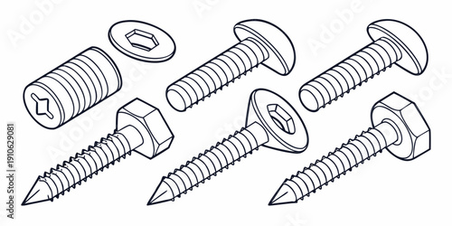 Assorted screws and bolts with washers and nuts in various sizes and shapes