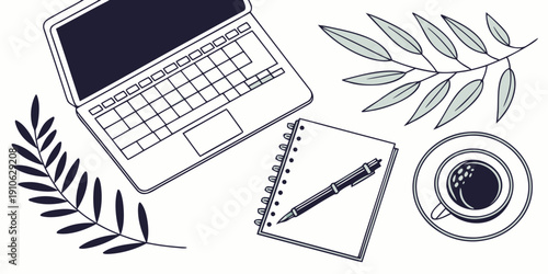 A laptop surrounded by a leaf, a notebook, and a coffee cup on a wooden table