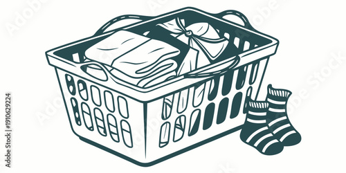 A laundry basket filled with clothes and a pair of socks on the floor.