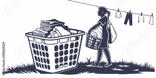 A young boy carrying a laundry basket while looking at clothes hanging on a line
