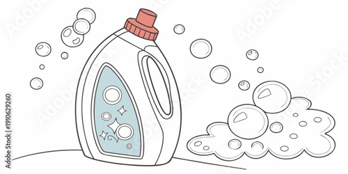 A bottle of liquid laundry detergent surrounded by bubbles and foam.