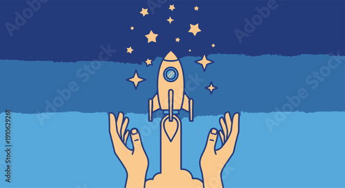 Hands Launching Rocket into Night Sky with Stars
