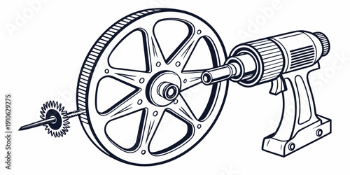 A detailed illustration of a wheel being attached to a power drill