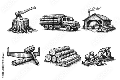 Vintage lumberjack and woodworking engraving set, retro carpentry tools and sawmill sketches in woodcut style