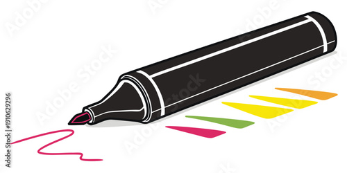 A black marker pen with colorful lines drawn on a white background