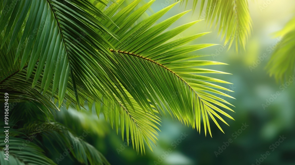 Obraz premium Lush Green Palm Leaves with Natural Sunlight Filtering Through a Tropical Forest Background Creating a Serene and Tranquil Atmosphere