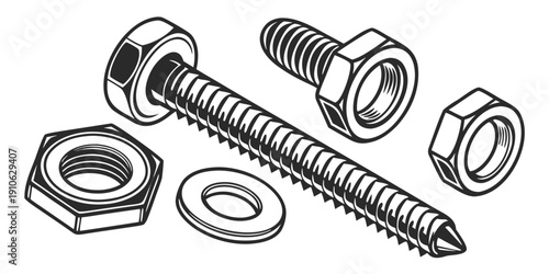 Assorted fasteners including bolts, nuts, and washers