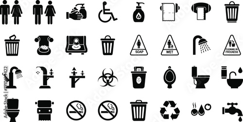 Diverse Restroom Symbols: A comprehensive collection of restroom symbols offering universal communication of essential facilities and amenities.
