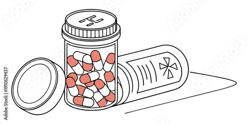 A bottle of pills and a syringe with a cross symbol on it.