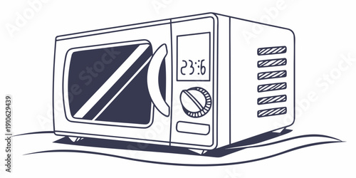 A vintage microwave oven with a black and white design and a digital clock.