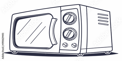 A detailed line drawing of a vintage microwave oven with two knobs and a handle.