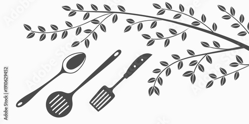 A variety of cooking utensils arranged on a branch with leaves