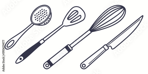 A variety of kitchen utensils including a skimmer, whisk, and knife