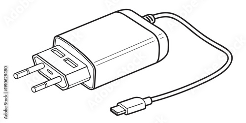 A black and white image of a usb charger with a cable attached.