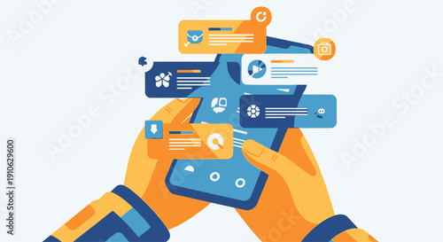 Hands Holding Smartphone with Floating Notification Cards and Icons