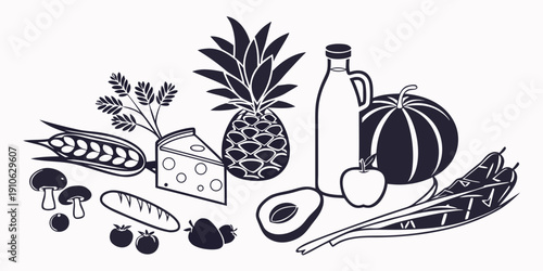 Assorted fresh fruits, vegetables, and dairy products displayed together