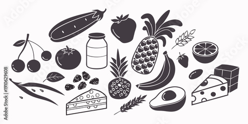 A variety of fruits, vegetables, and kitchen utensils arranged neatly on a surface.