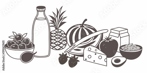 Assorted healthy foods including fruits, vegetables, dairy, and grains