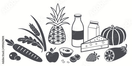 Assorted healthy foods including fruits, vegetables, and dairy products