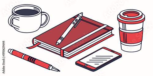 A desk setup with a notebook, pen, smartphone, and coffee cup.